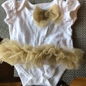 First impressions polka dot onesie w/ gold tulle